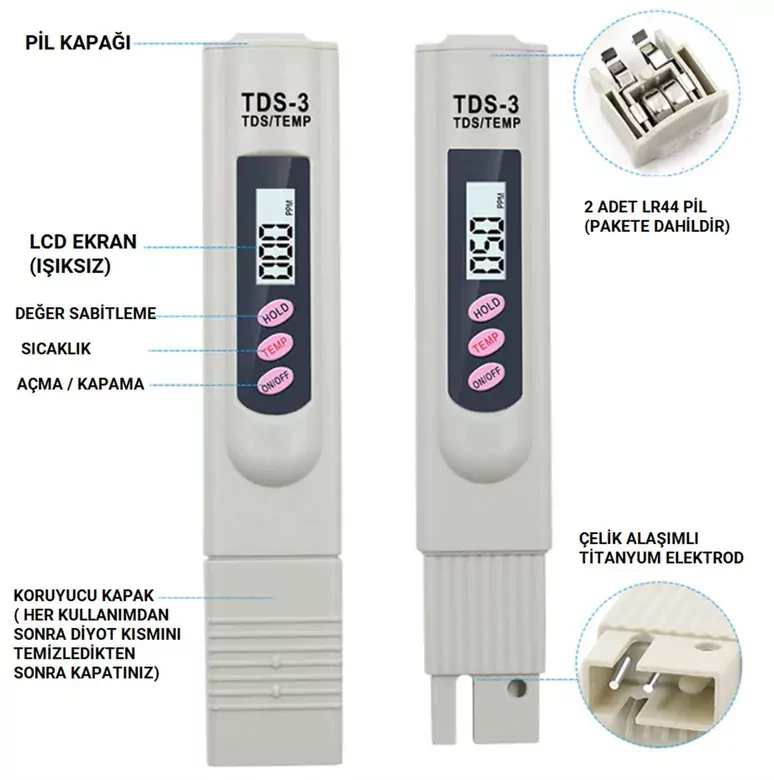 TDS Metre Su Kalite Test Ölçüm Cihazı Saflık Ölçer Pil + Kılıf