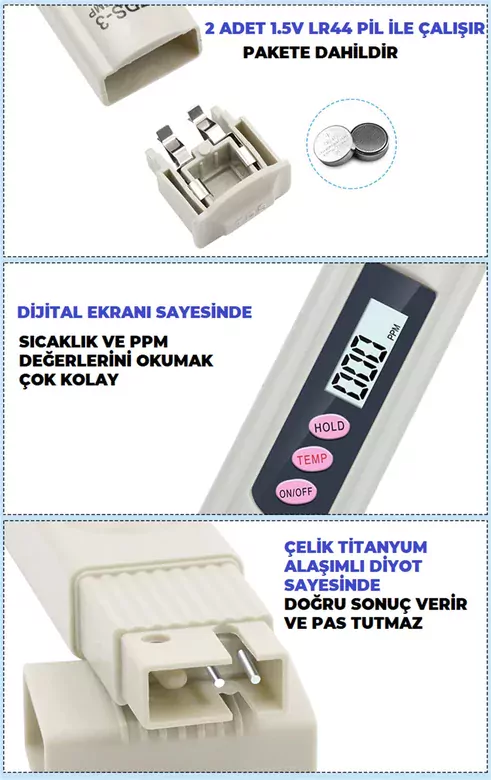 TDS Metre Su Kalite Test Ölçüm Cihazı Saflık Ölçer Pil + Kılıf