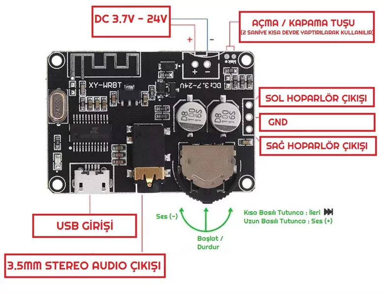 XY-WRBT Bluetooth 5.0 DC 3.7-24V Amfi Devresi Bluetooth Modülü