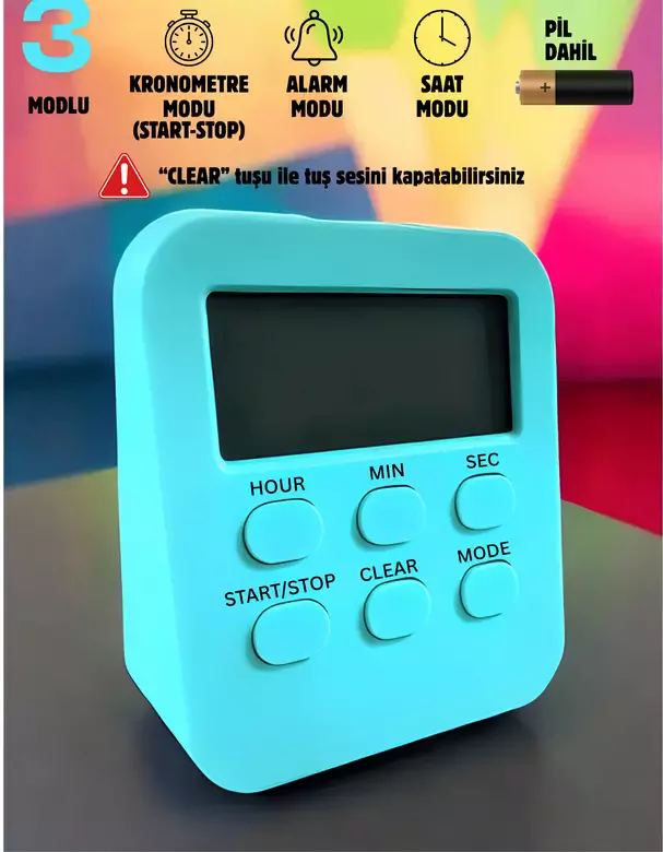 Öğrenci Ders Çalışma Saati Kronometreli Araç Saati Mutfak Bozdolabı Magnet Saat Zamanlayıcı Mavi