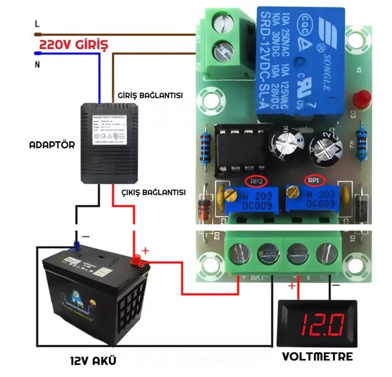 XH-M601 Şarj Kontrol Devresi 12V Ayarlanabilir Akıllı Şarj Modülü