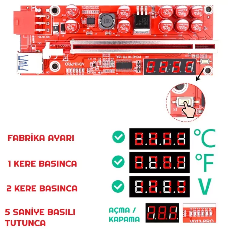 Riser V013 Pro LED Sıcaklık Göstergeli Ekran Kartı Yükseltici PCI-E x16 Riser V013 Pro LED Sıcaklık Göstergeli Ekran Kartı Yükseltici PCI-E x16