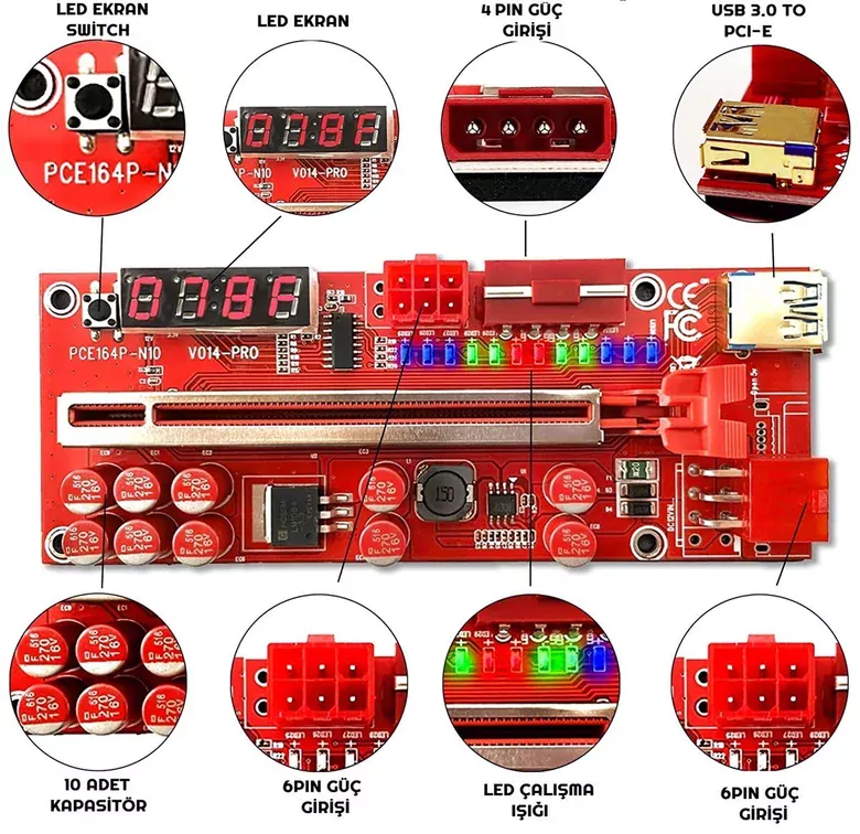 Riser V014 Pro 3 Güç Girişli Sıcaklık ve Voltaj Göstergeli Ekran Kartı Yükseltici PCI-E x16