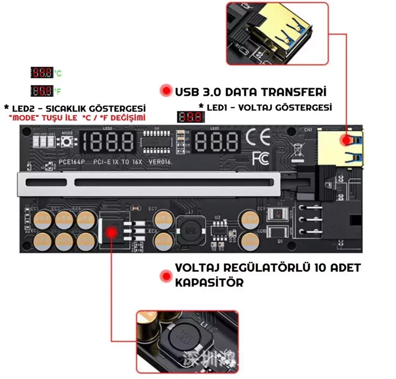 Riser V016 Voltaj Regülatörlü 10 Kapasitör Ekran Kartı Yükseltici PCI-E x16 Riser V016 Voltaj Regülatörlü 10 Kapasitör Ekran Kartı Yükseltici PCI-E x16