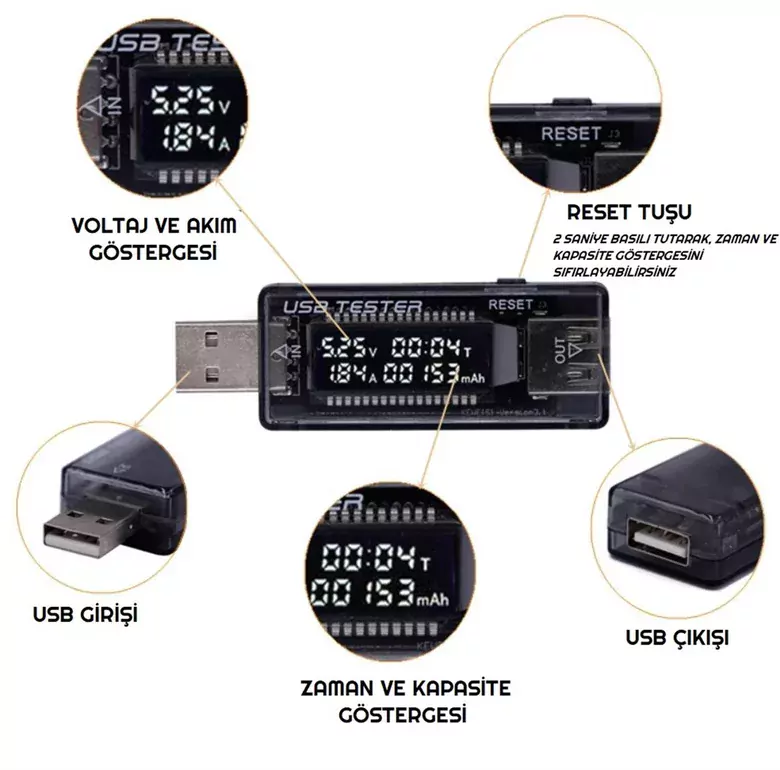 LED Ekranlı USB Voltmetre Ampermetre USB Şarj Kapasitesi Test Cihazı LED Ekranlı USB Voltmetre Ampermetre USB Şarj Kapasitesi Test Cihazı