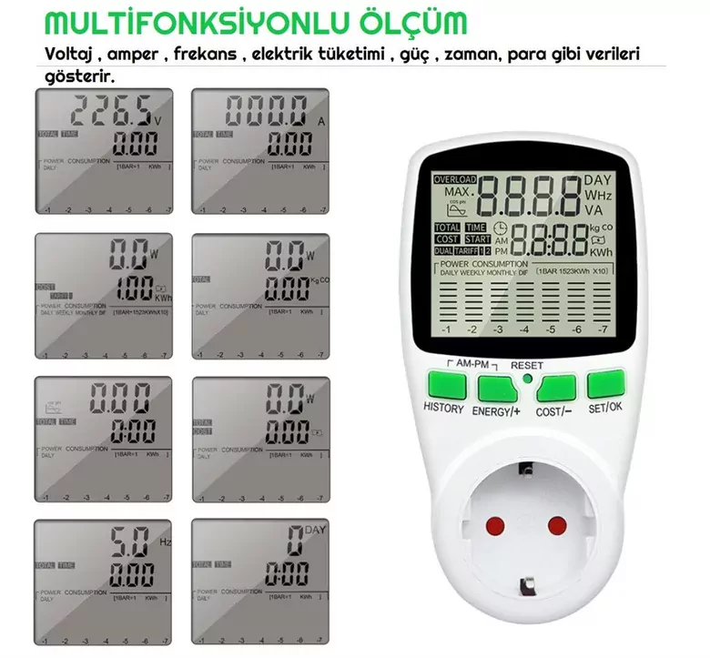 Çizelge Göstergeli Dijital Wattmetre Enerji Sarfiyat Ölçer Tüketim Ölçer 220V Priz Çizelge Göstergeli Dijital Wattmetre Enerji Sarfiyat Ölçer Tüketim Ölçer 220V Priz
