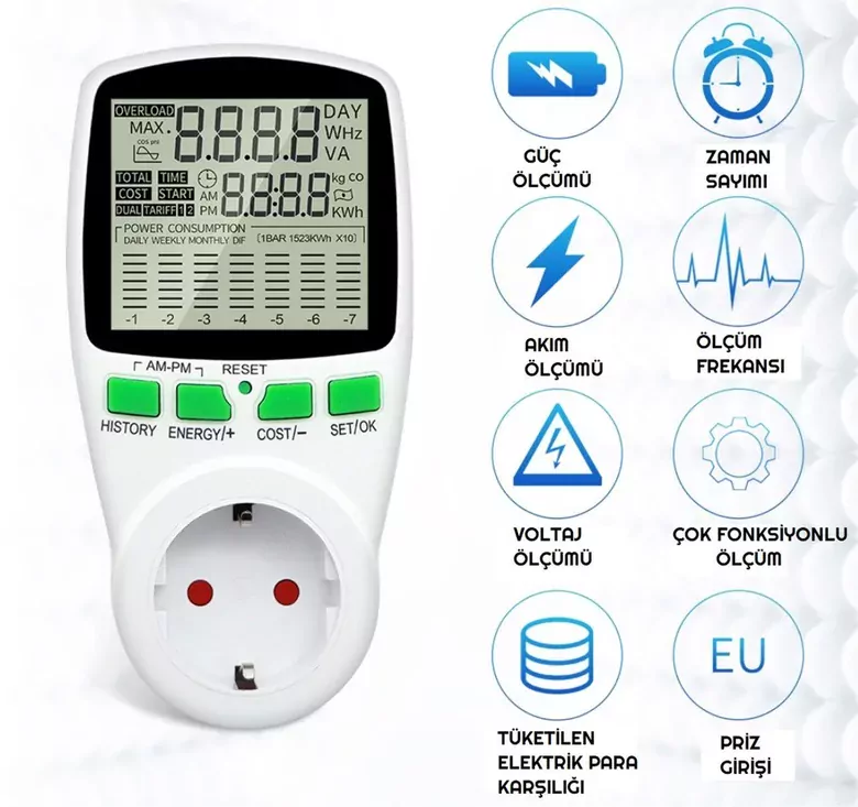 Çizelge Göstergeli Dijital Wattmetre Enerji Sarfiyat Ölçer Tüketim Ölçer 220V Priz Çizelge Göstergeli Dijital Wattmetre Enerji Sarfiyat Ölçer Tüketim Ölçer 220V Priz