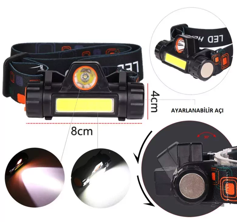 XST 211 XPE + COB LED Aydınlatmalı USB Şarj Edilebilir  Kamp Yürüyüş Kafa Lambası