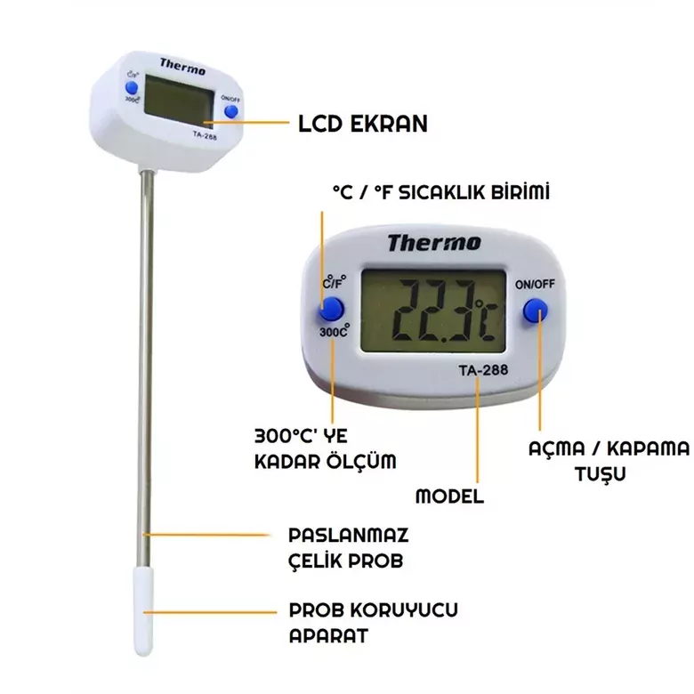 Thermo TA-288 Oynar Başlıklı Dijital Mutfak Yemek Termometresi Paslanmaz Çelik Sıcaklık Ölçer Thermo TA-288 Oynar Başlıklı Dijital Mutfak Yemek Termometresi Paslanmaz Çelik Sıcaklık Ölçer