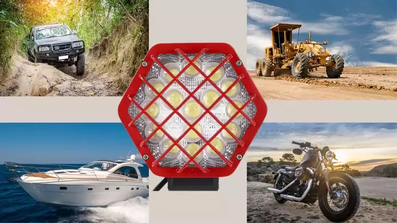 48w Altıgen Kafesli Kırımızı 16 LED Off Road Tekne Çalışma Lambası