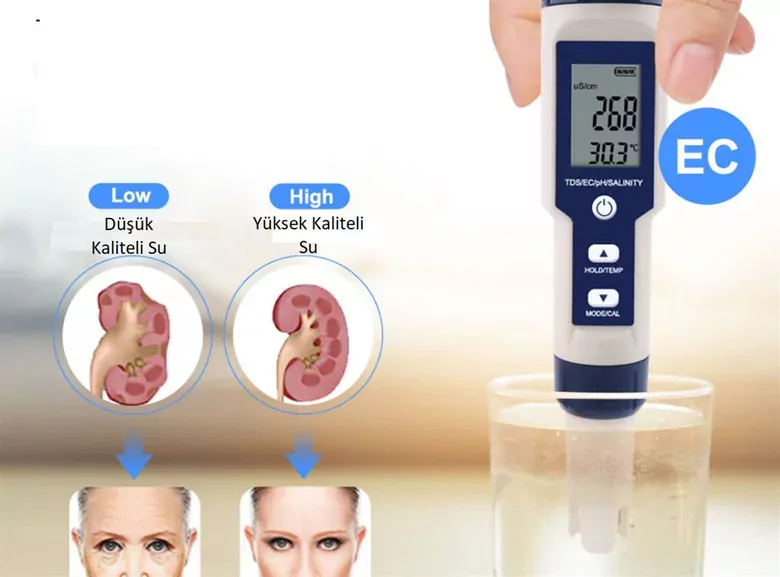 5in1 Dijital PH/TDS/EC/Tuzluluk/Sıcaklık Metre Işıklı Test Cihazı İletkenlik Kalem Model