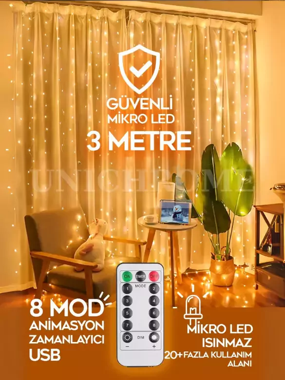 Kumandalı 8 Ayrı Moda Sahip 3x3M 300X300Cm Perde Led 10 Saçaklı Sarkıtlı 300 Led Gün Işığı Kalp Askı