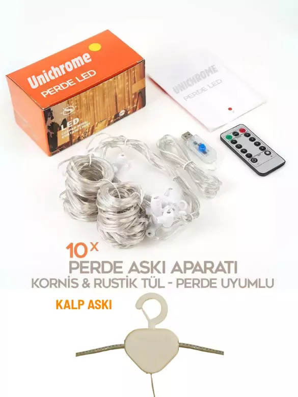 Kumandalı 8 Ayrı Moda Sahip 3x3M 300X300Cm Perde Led 10 Saçaklı Sarkıtlı 300 Led Gün Işığı Kalp Askı