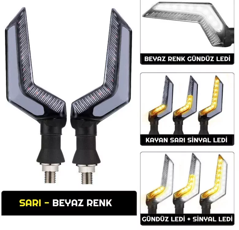 Sarı-Beyaz Renk Motosiklet Sinyal Ledi Takımı Kayar DRL Sinyal Işığı Sarı-Beyaz Renk Motosiklet Sinyal Ledi Takımı Kayar DRL Sinyal Işığı