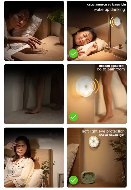 Hareket Sensörlü USB Şarjlı Mıknatıslı LED Işık Dolap İçi Ev Gece Lambası