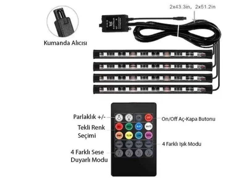 4 Parçalı Uzaktan Kumandalı Araç İçi Ayak Altı Ledi Atmosfer Işık 36 LED 4 Parçalı Uzaktan Kumandalı Araç İçi Ayak Altı Ledi Atmosfer Işık 36 LED