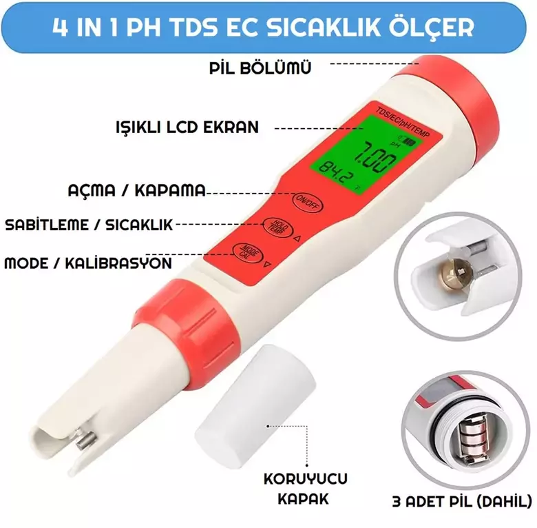 Dijital PH Ölçer 4'ü 1 Arada PH TDS EC Sıcaklık Test Cihazı Işıklı LED Ekran