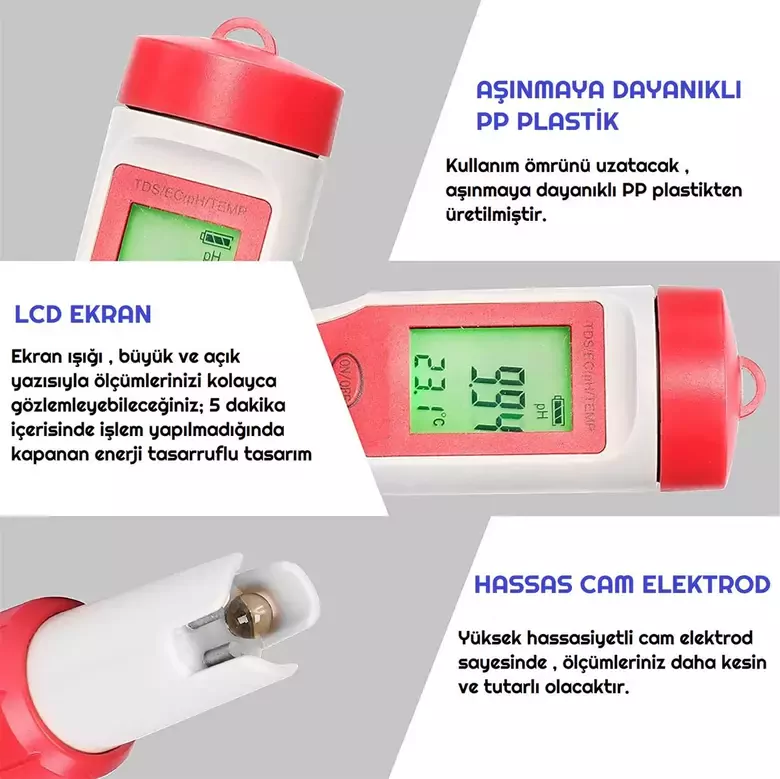 Dijital PH Ölçer 4'ü 1 Arada PH TDS EC Sıcaklık Test Cihazı Işıklı LED Ekran