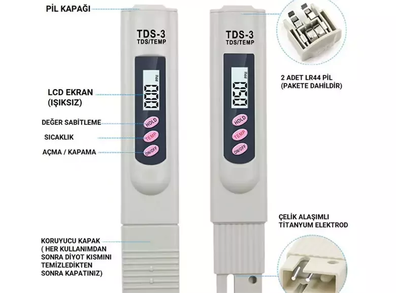 Tds Metre Su Kalite Test Ölçüm Cihazı Saflık Ölçer Pil