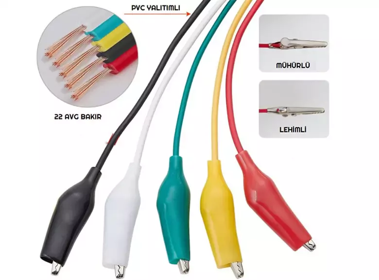 5li Paket Krokodil Kablo Timsah Ağızlı Kıskaç Timsah Ağzı 50cm
