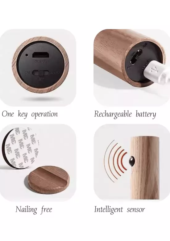 Modern Sensörlü Usb Şarjlı Mıknatıslı Taşınabilir Duvar Aplik Masa Lambası Ahşap Görünümlü Gün Işığı