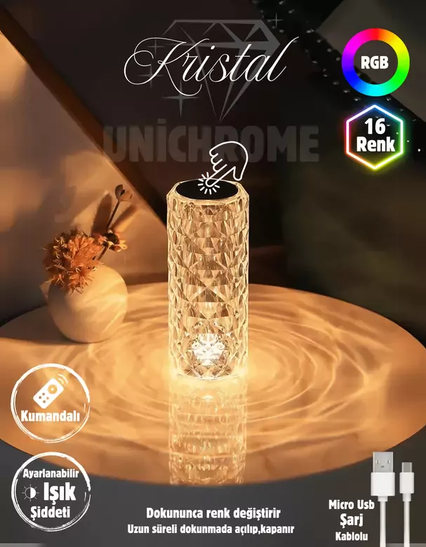 Kristal Elmas Led Dokunmatik Sensör Usb Şarjlı Masa Lambası RGB Gece Lambası