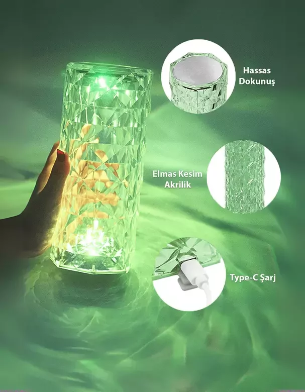 Kristal Elmas Led Dokunmatik Sensör Usb Şarjlı Masa Lambası RGB Gece Lambası