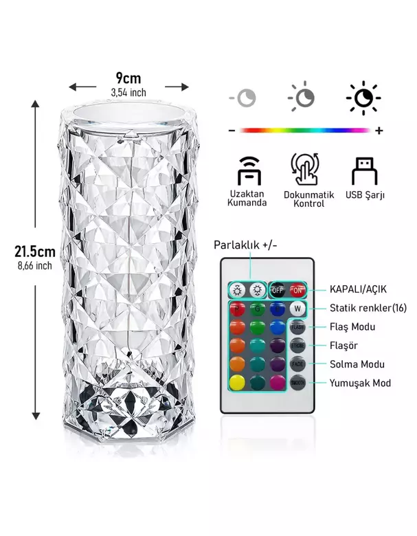 Kristal Elmas Led Dokunmatik Sensör Usb Şarjlı Masa Lambası RGB Gece Lambası