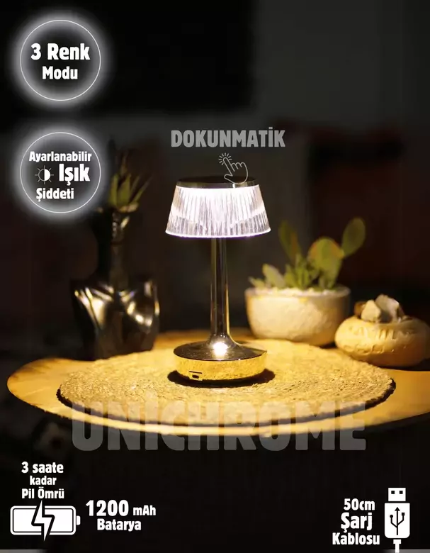 3 Işık Renkli Şarjlı Masa Lambası Dim Edilebilir Gold Metal Görünümlü Gece Lambası 3 Işık Renkli Şarjlı Masa Lambası Dim Edilebilir Gold Metal Görünümlü Gece Lambası