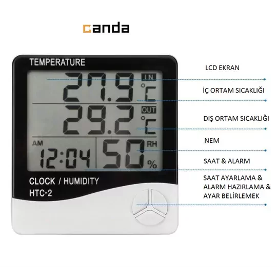 HTC-2 Dijital Termometre Higrometre Sıcaklık Nem Ölçer Saat ve Alarm