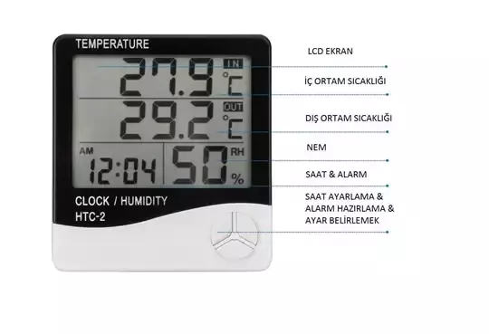 HTC-2 Dijital Termometre Higrometre Sıcaklık Nem Ölçer Saat ve Alarm