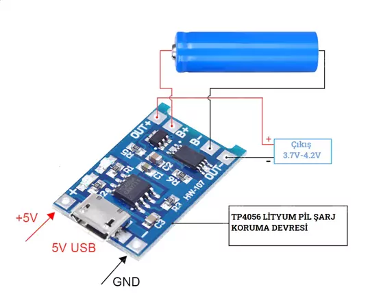 Micro Usb TP4056 5V 1A Korumalı Lityum Pil Şarj Devresi Powerbank