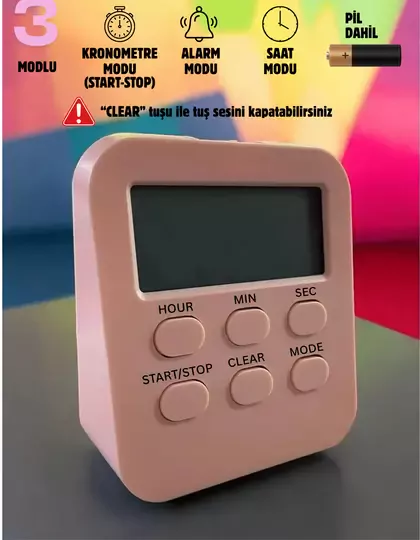 Öğrenci Ders Çalışma Saati Kronometreli Araç Saati Mutfak Bozdolabı Magnet Saat Zamanlayıcı Pembe