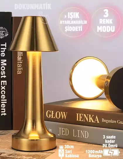 Işık Ayarlı Dokunmatik Mantar Masa Lambası Metal 3 Işık Renkli Şarjlı Masa Lambası Gold