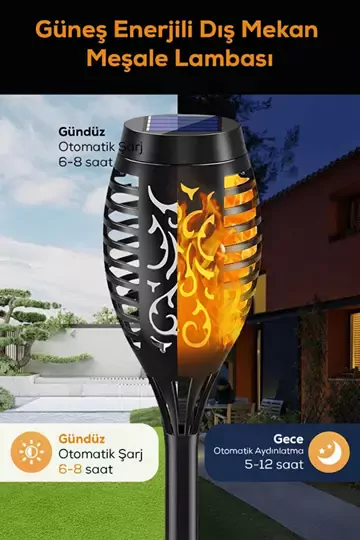 4 Adet Alev Efektli Meşale Solar Led Güneş Enerjili Bahçe Lambası Aydınlatması Armatür 50 Cm