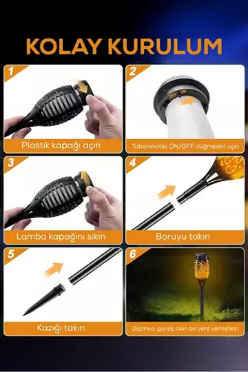 4 Adet Alev Efektli Meşale Solar Led Güneş Enerjili Bahçe Lambası Aydınlatması Armatür 50 Cm