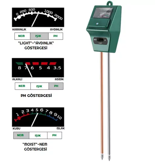 3Lü Toprak pH Ölçer Nem Ölçer Işık Ölçer Pilsiz Toprak Test Aleti 3Lü Toprak pH Ölçer Nem Ölçer Işık Ölçer Pilsiz Toprak Test Aleti