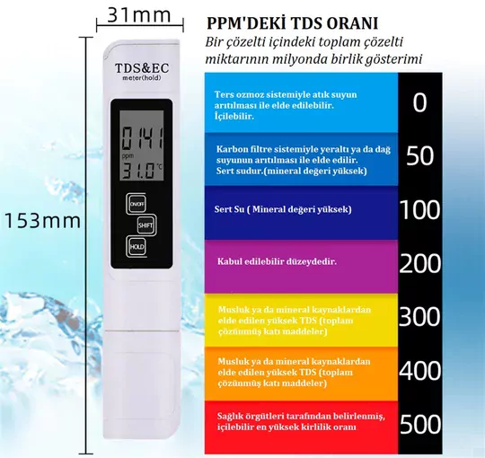 TDS&EC Metre Su Kalite İletkenlik Ölçme Termometre Su Test Cihazı