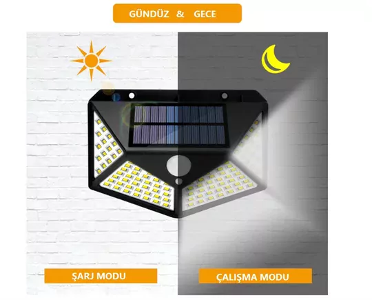100 LED Solar PIR Hareket Sensörlü Su Geçirmez Duvar Lambası IP65