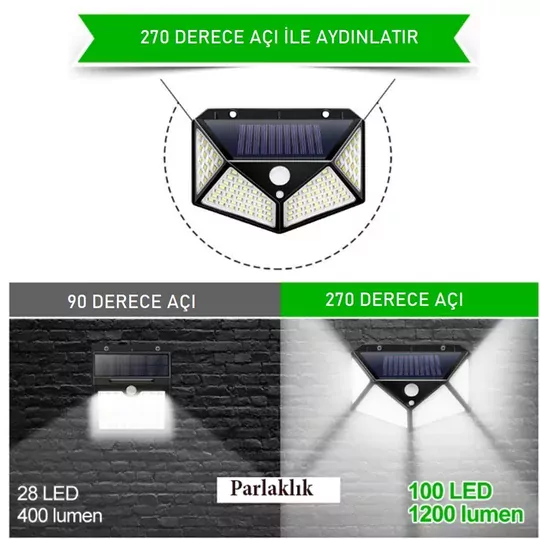 100 LED Solar PIR Hareket Sensörlü Su Geçirmez Duvar Lambası IP65