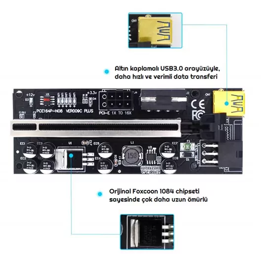 OEM Riser V009C PLUS Yükseltici PCI-Express X1 to X16 Mining Ethe OEM Riser V009C PLUS Yükseltici PCI-Express X1 to X16 Mining Ethe