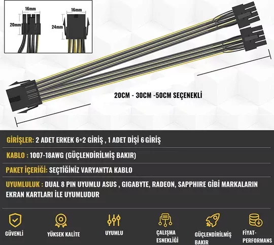 20-30-50cm 6 PIN Dişi - PCI-E (6+2) 8 PIN Erkek Power Kablo Çoklayıcı PSU Splitter