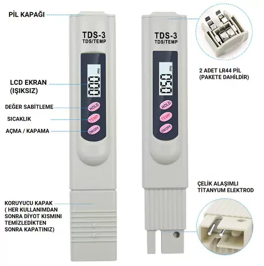 TDS Metre Su Kalite Test Ölçüm Cihazı Saflık Ölçer Pil + Kılıf