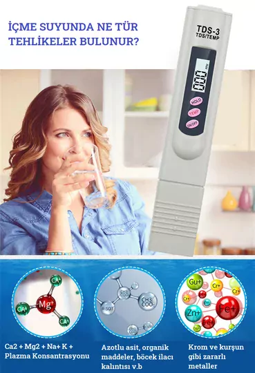 TDS Metre Su Kalite Test Ölçüm Cihazı Saflık Ölçer Pil + Kılıf