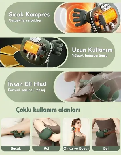 Gerçek El Hissi ile Yoğurma Yapan Isıtmalı Şarjlı Masaj Aleti Boyun Sırt Bel Bacak Kol Masajı