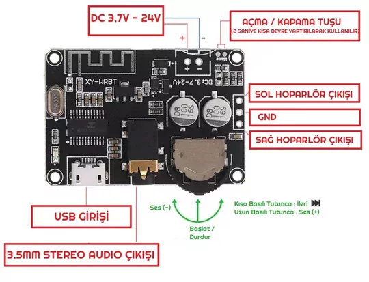 XY-WRBT Bluetooth 5.0 DC 3.7-24V Amfi Devresi Bluetooth Modülü