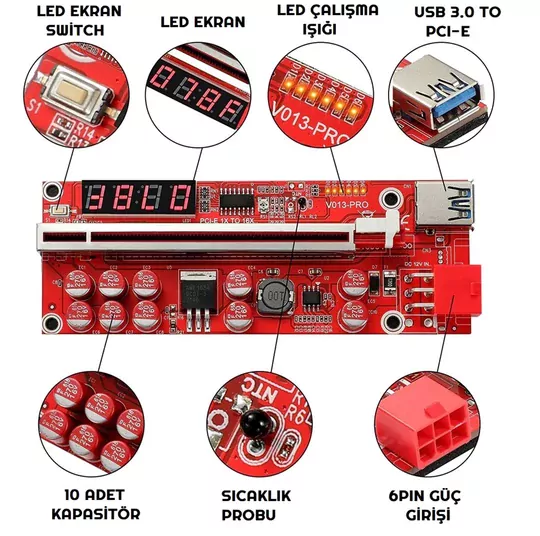 Riser V013 Pro LED Sıcaklık Göstergeli Ekran Kartı Yükseltici PCI-E x16 Riser V013 Pro LED Sıcaklık Göstergeli Ekran Kartı Yükseltici PCI-E x16