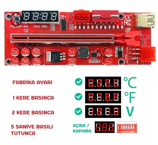 Riser V014 Pro 3 Güç Girişli Sıcaklık ve Voltaj Göstergeli Ekran Kartı Yükseltici PCI-E x16