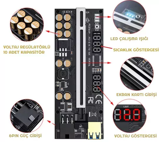 Riser V016 Voltaj Regülatörlü 10 Kapasitör Ekran Kartı Yükseltici PCI-E x16 Riser V016 Voltaj Regülatörlü 10 Kapasitör Ekran Kartı Yükseltici PCI-E x16