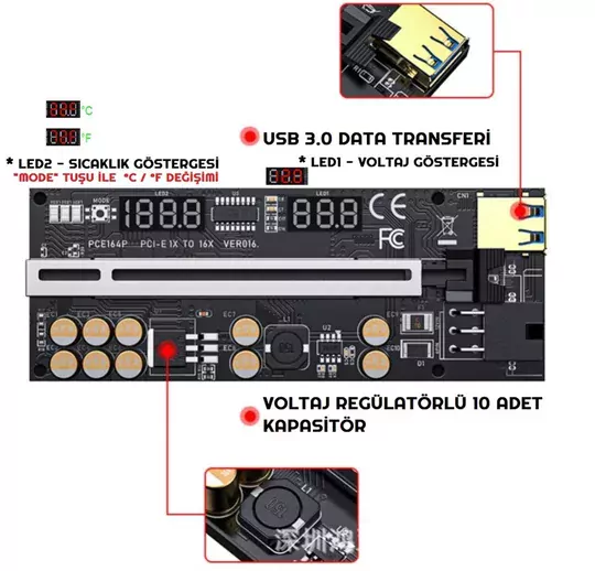 Riser V016 Voltaj Regülatörlü 10 Kapasitör Ekran Kartı Yükseltici PCI-E x16 Riser V016 Voltaj Regülatörlü 10 Kapasitör Ekran Kartı Yükseltici PCI-E x16